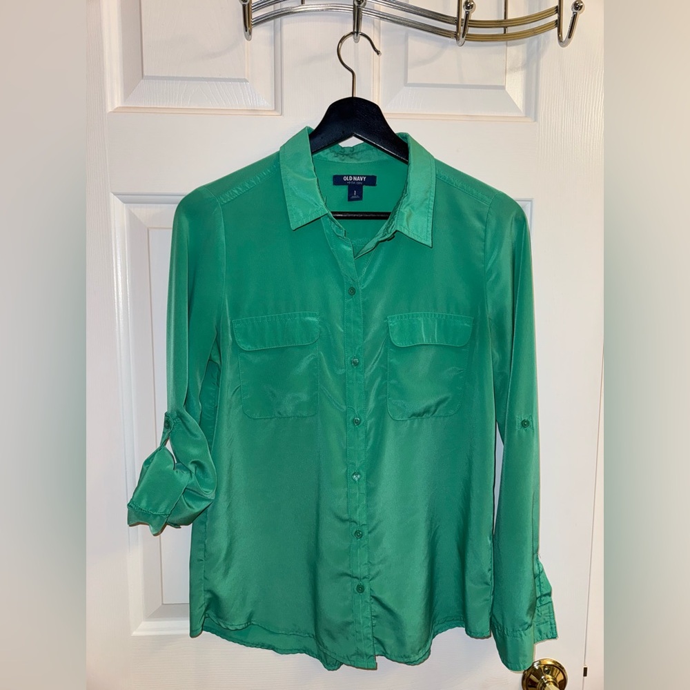 Old Navy Vibrant Green Button-Down Shirt in Imperial Jade, Size Small